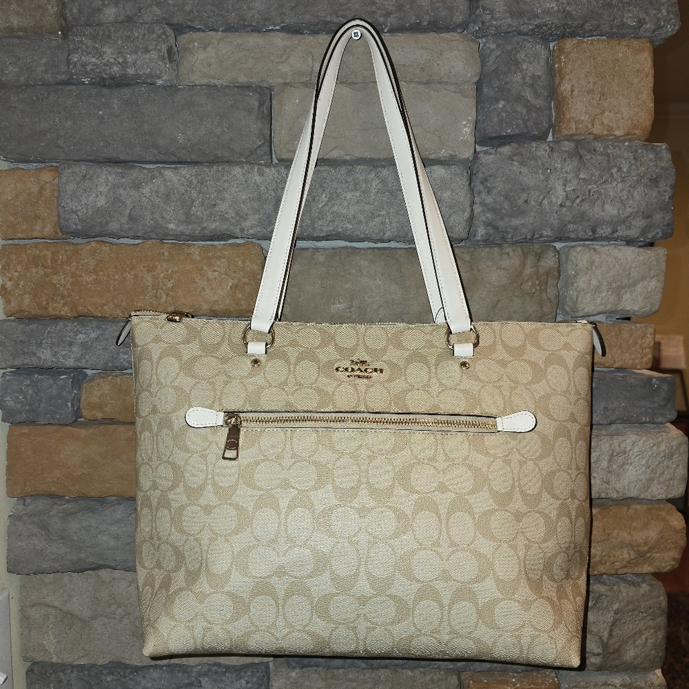 COACH F79609 Gallery Tote Khaki Beige Signature Coated Canvas Ivory Leather **